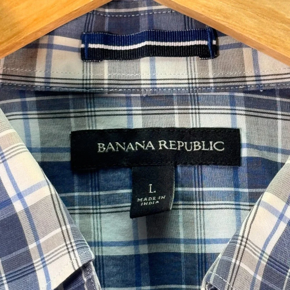 Banana Republic Pearl Snap Shirt‎ Mens Large Blue Plaid Flap Pockets Comfort